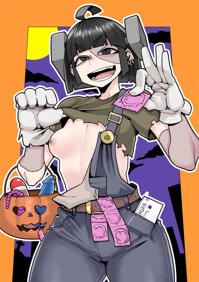 absurdres ahoge anal_beads asha belt black_eyes black_hair blunt_bangs bob_cut breasts brown_belt brown_shirt clothes_lift cloud commentary_request condom condom_packet_strip condom_wrapper cowboy_shot dildo earrings female grey_pants halloween highres holding holding_condom jewelry lifted_by_self looking_at_viewer lotion medium_bangs nipples object_through_head open_mouth orange_background original pants patchwork_skin purple_skirt schector_(asha000253) screw_in_head sex_toy shirt shirt_lift short_hair short_sleeves skirt small_breasts smile solo v-shaped_eyebrows viagra