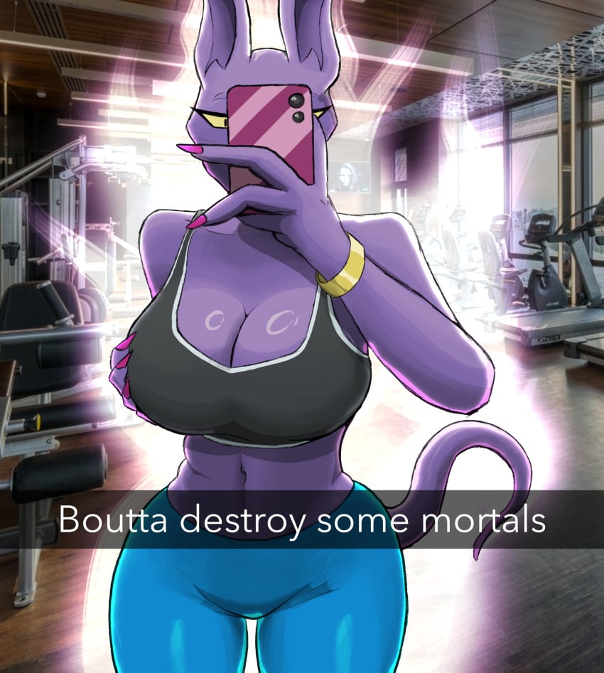 1girls beerus big_breasts black_bra dragon_ball epic_omi furry gym pink_nails purple_skin rule_63 self_upload selfie selfie_pose snapchat sports_bra sportswear text tights yellow_eyes