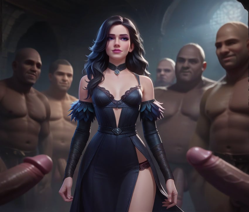 1girls ai_generated big_penis dress gloves imminent_gangbang lace lace_panties long_gloves long_hair multiple_boys penis ragen ragen_nsfw seductive_look smile surrounded surrounded_by_men surrounded_by_penises the_witcher_(series) the_witcher_3:_wild_hunt yennefer