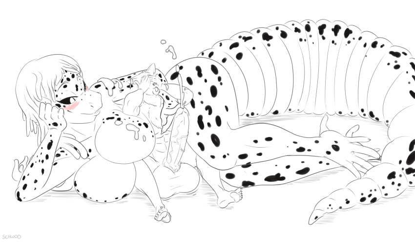 absurd_res anthro balls big_balls big_breasts big_tail black_sclera blush breasts canine connie_birchenough cum cum_on_breasts cumshot dahn duo excessive_cum featureless_breasts female gecko hi_res hyper hyper_penis larger_female leopard_gecko lizard lying male mammal muscular on_side orgasm original original_character penis reptile scalie schwoo shiba_inu simple_background size_difference slit_pupils spots tongue tongue_out vein veiny_penis