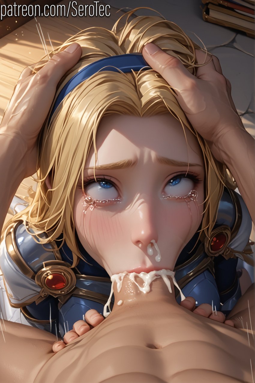 1female 1girls 2d ahe_gao ahegao_face ai_generated armor armored_female athletic_female blonde_female blonde_hair blue_eyes breastplate crying cum_from_nose cum_in_mouth cum_in_throat deepthroat detailed_female face_fucking face_rape fellatio female from_above girl grabbing_head hairband head_grab hi_res high_resolution highres human league_of_legends light-skinned_male luxanna_crownguard motion_lines oral pony_diffusion_xltasy pushing_down rape raped serotec speed_lines tears throat_fuck