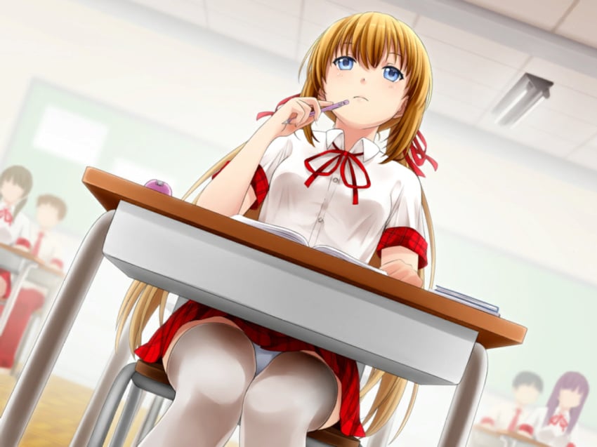 blonde_hair blue_eyes dutch_angle huniepop panties pantyshot schoolgirl slave_handles thighhighs tiffany_maye upskirt white_panties young