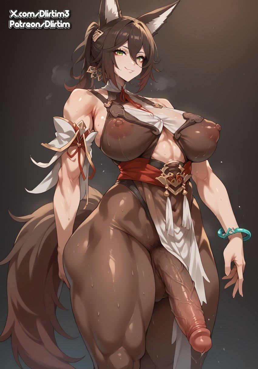 abs ai_generated animal_ears animal_tail brown_hair dlirtim_(artist) futanari green_eyes honkai:_star_rail muscular_futanari penis pubic_hair puffy_nipples semi-erect smirk thick_thighs tingyun_(honkai:_star_rail)