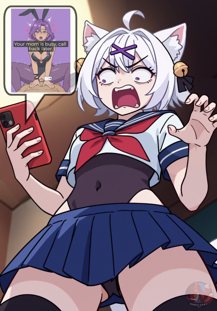 1boy 2girls ai_generated cellphone cha_cha_(vtuber) cowgirl_position fake_animal_ears filian_(vtuber) fishnets large_breasts message moaning mother_and_daughter necktie ntr playboy_bunny purple_hair sailor_uniform see-through_clothing sex shocked short_hair side_braid snapchat straight text vaginal_penetration vtuber white_hair