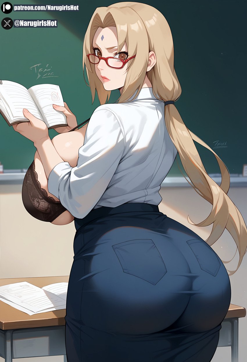 ai_generated big_ass big_breasts blonde_hair brown_eyes classroom huge_breasts narugirlshot naruto naruto_(series) teacher tsunade