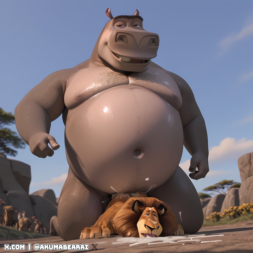 2024 ai_generated akumabearai alakay_alex anal anthro big_belly big_dom_small_sub bodily_fluids chest_hair chubby chubby_anthro chubby_male common_hippopotamus cum cum_in_ass cum_in_mouth cum_inside cum_on_ground cum_on_tongue domination dreamworks duo ejaculation fat_male felid gay genital_fluids genitals hi_res hippopotamid licking_cum lion looking_pleasured madagascar_(series) madagascar_escape_2_africa male male/male male_nipples mammal moto_moto musclegut narrowed_eyes navel nipples nude nude_male obese obese_male paramount_pictures penis seductive seductive_look self_upload sex size_difference stable_diffusion