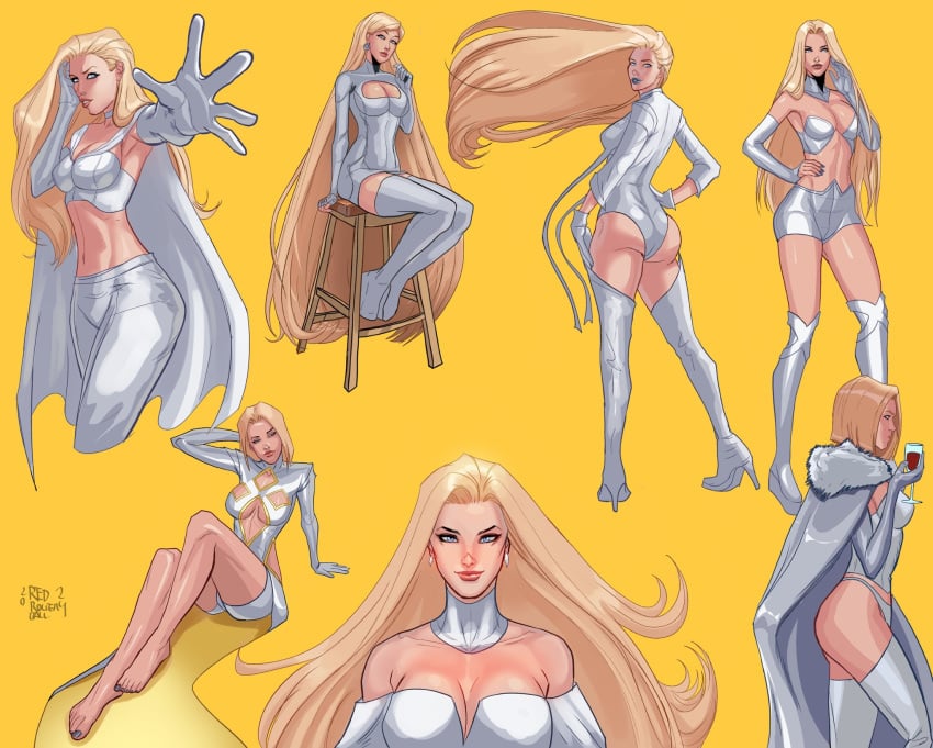 ass barefoot blonde_hair cleavage_cutout emma_frost fur_trim hair_intakes leotard lips long_hair marvel marvel_comics medium_breasts medium_hair official_alternate_costume redrollerball revealing_clothes short_dress simple_background sitting smile standing thigh_boots very_long_hair white_background white_cape white_footwear white_leotard white_pants x-men