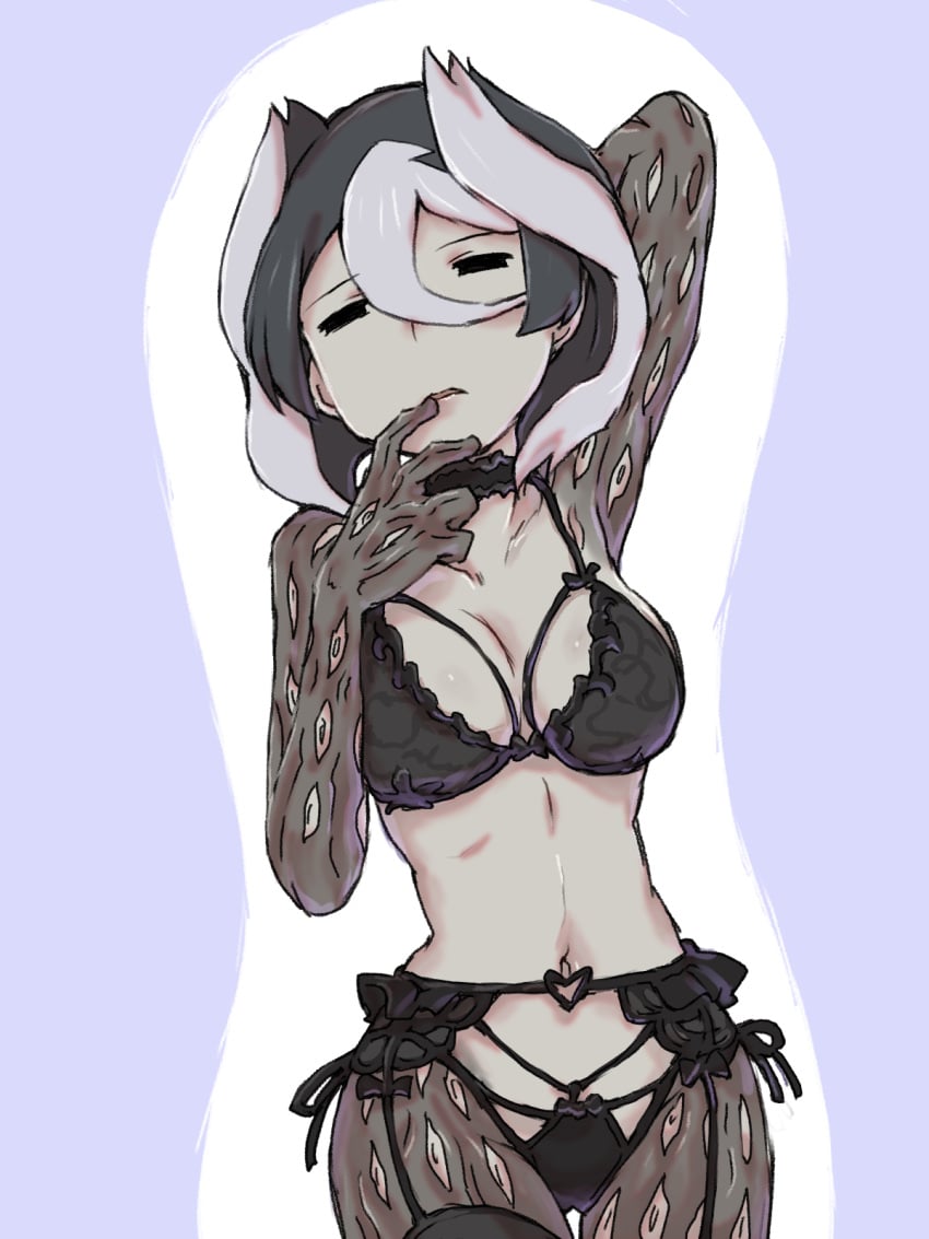 big_breasts black_and_white_hair black_bra black_eyes black_panties body_markings bra cleavage empty_eyes female female_only garter_belt garter_straps hair_between_eyes lingerie made_in_abyss ozen pale-skinned_female pale_skin panties short_hair solo stockings two_tone_hair ximu_shilang