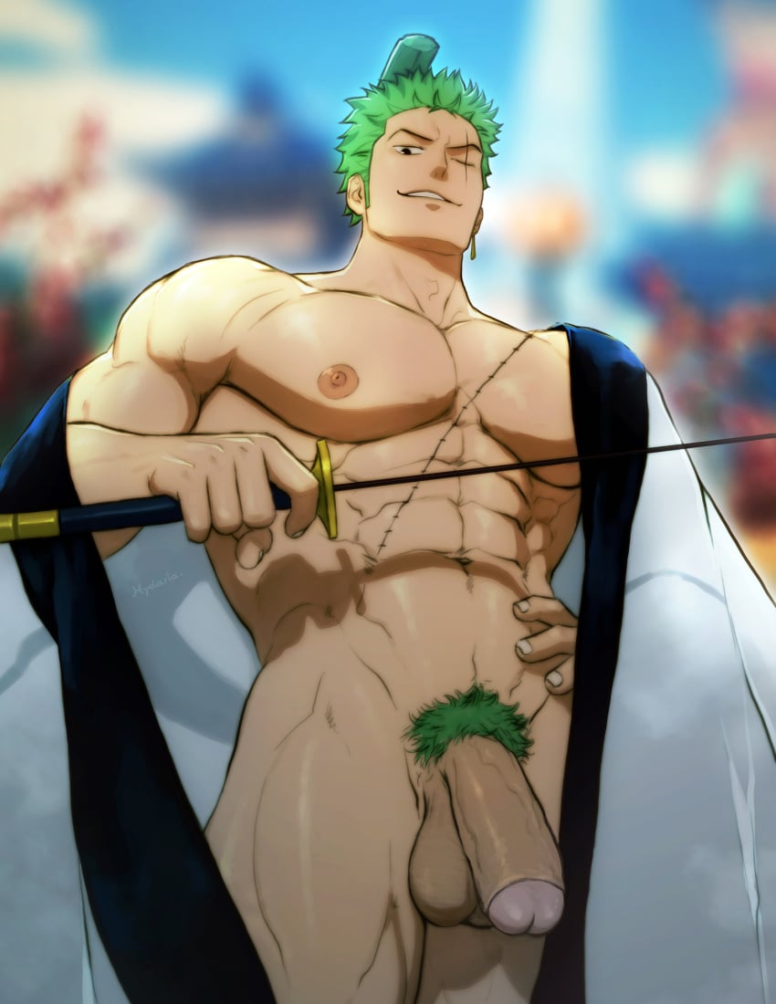 abs balls bara biceps big_balls big_penis erection green_hair hydaria male male_nipples male_only male_pubic_hair manly muscular_male nipples nude one_piece pecs penis roronoa_zoro scar