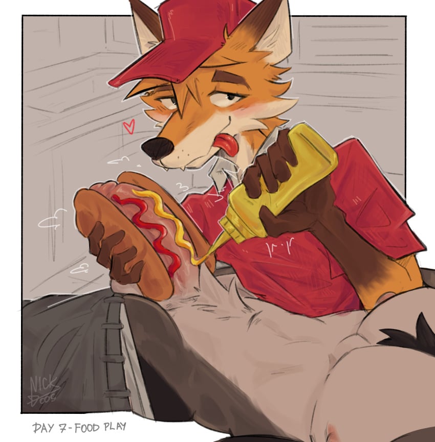 absurd_res anthro bottomwear bottomwear_down canid canine clothed clothing duo erection fast_food_employee fast_food_uniform food food_fetish food_on_penis food_play fox fully_clothed genitals hat headgear headwear hi_res hot_dog_bun humanoid_genitalia humanoid_penis ketchup male male/male mammal mustard mustard_bottle nick7005 pants pants_down partially_clothed penis red_clothed shirt shirtless tongue tongue_out topwear