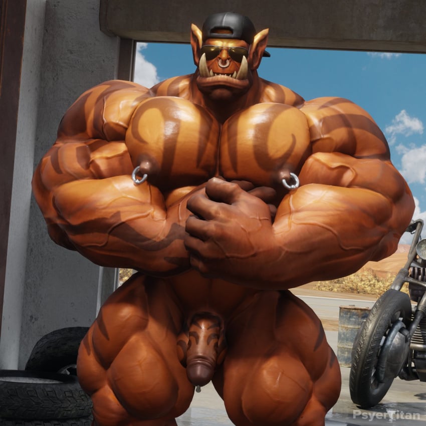 abs balls biceps blizzard_entertainment dark-skinned_male dark_skin fangs garrosh_hellscream genitals hi_res humanoid humanoid_pointy_ears male male_only muscular muscular_humanoid muscular_male nipple_piercing nipples orc orc_male pecs penis piercing psyertitan solo solo_male teeth vein veiny_muscles warcraft