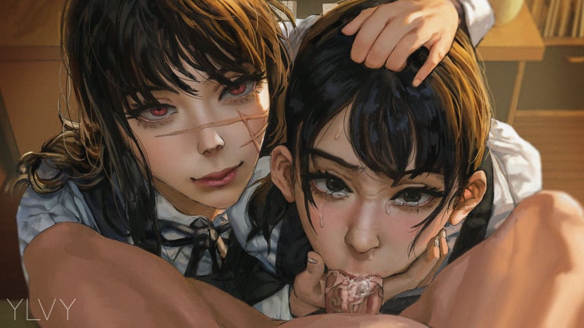 1boy 2girls :>= black_hair chainsaw_man commentary cooperative_fellatio cum cum_in_mouth english_commentary fellatio ffm_threesome group_sex highres irrumatio mitaka_asa multiple_girls oral penis pov pov_crotch school_uniform straight threesome variant_set ylvy yoru_(chainsaw_man)