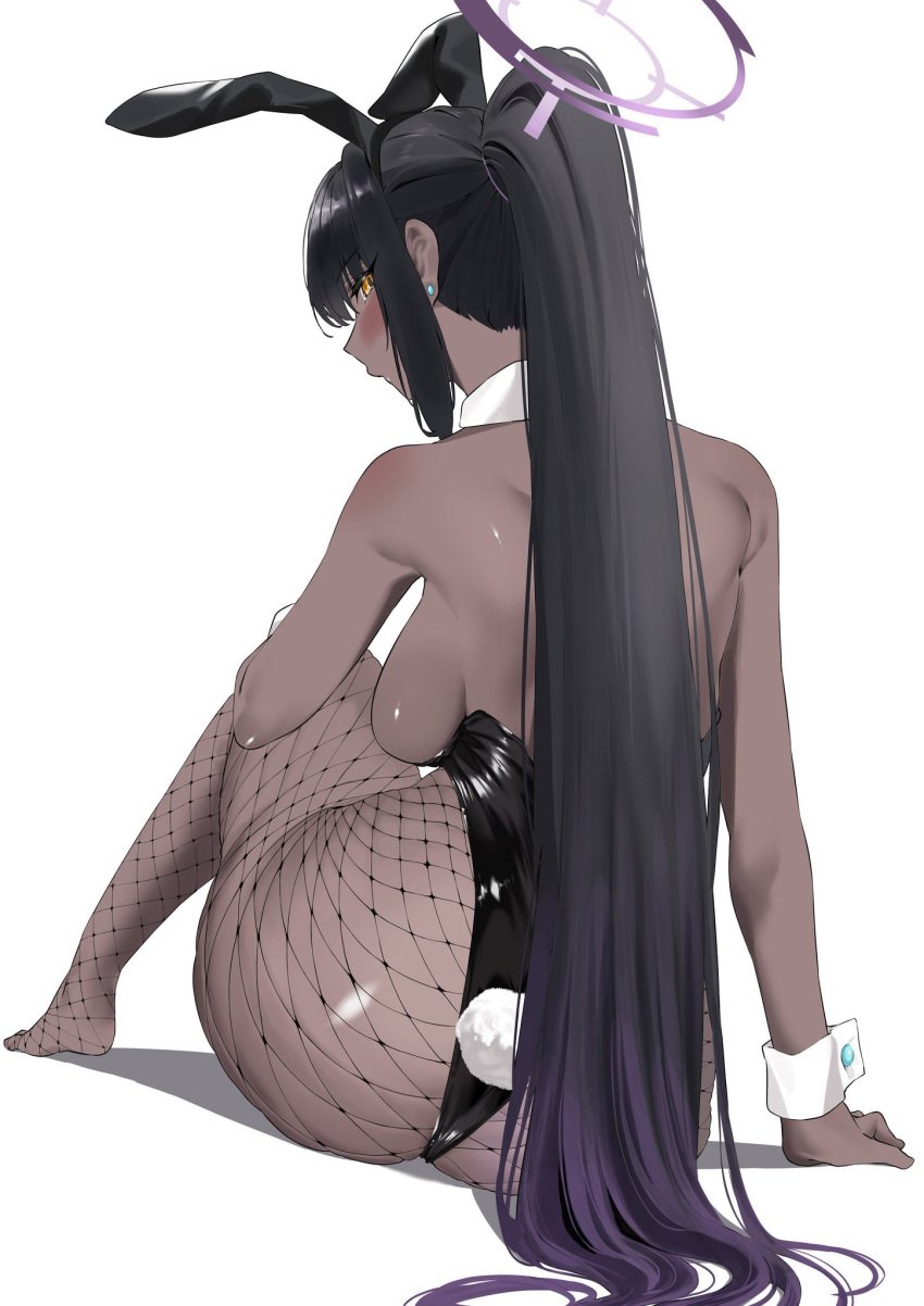 black_hair blue_archive blush bunnysuit dark-skinned_female fishnets karin_(blue_archive) large_ass looking_back medium_breasts playboy_bunny sitting