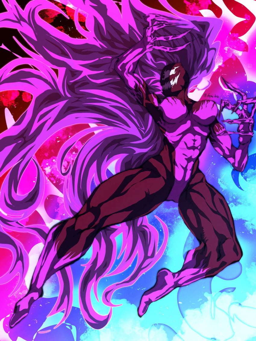 1girls 2024 aayanartz abs agony_(spider-man) artist_name big_hair breasts clawed_fingers claws full_body large_breasts marvel marvel_comics multicolored_background muscular_female muscular_legs spider-man_(series) symbiote very_long_hair