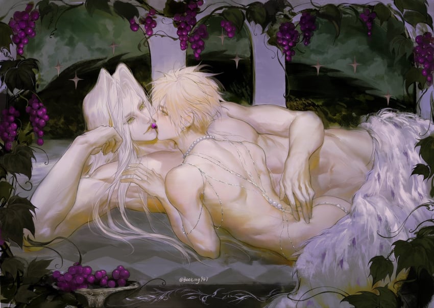 2boys abs arch arched_back beetong947 biceps bishounen blonde_hair cloud_strife collarbone commentary_request completely_nude couple covering_privates earrings elbow_rest final_fantasy final_fantasy_vii food food_in_mouth fruit grape_vine grapes green_eyes grey_hair groin hair_intakes half-closed_eyes hand_on_another's_back hand_on_another's_chest hand_on_own_cheek hand_on_own_face hand_up harness highres jewelry leaf light_smile long_bangs long_hair lying male_focus multiple_boys navel no_nipples nude nude_cover on_side on_stomach parted_bangs pectorals sephiroth sharing_food short_hair signature slit_pupils sparkle spiked_hair stud_earrings toned toned_male twitter_username upper_body white_fur yaoi