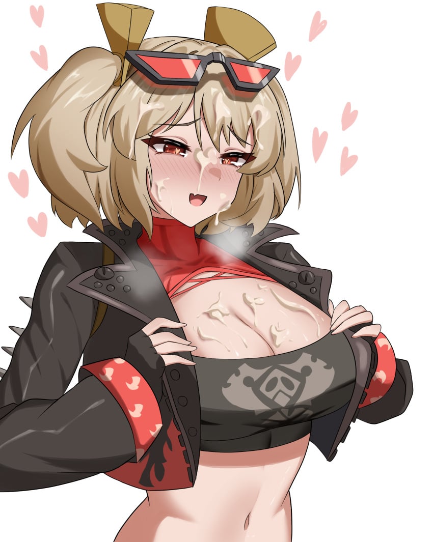 absurdres bernardo_(ggpa8423) black_gloves black_jacket blonde_hair breasts burnice_white cleavage crop_top cum eyewear_on_head female gloves heart highres jacket open_mouth red_eyes sexually_suggestive short_twintails simple_background simulated_facial smile solo suggestive_fluid twintails white_background zenless_zone_zero