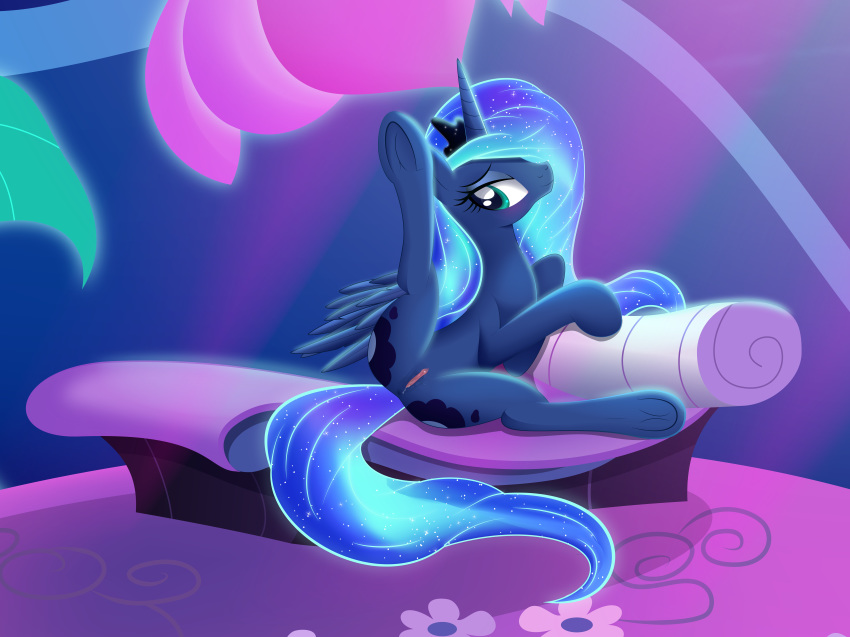 2016 absurd_res alicorn anus ass blue_hair blush crown cutie_mark equine feathered_wings feathers female feral friendship_is_magic hair hi_res horn long_hair mammal my_little_pony presenting princess_luna_(mlp) pussy rainbownspeedash sofa solo spread_legs spreading superabsurd_res underhoof wings