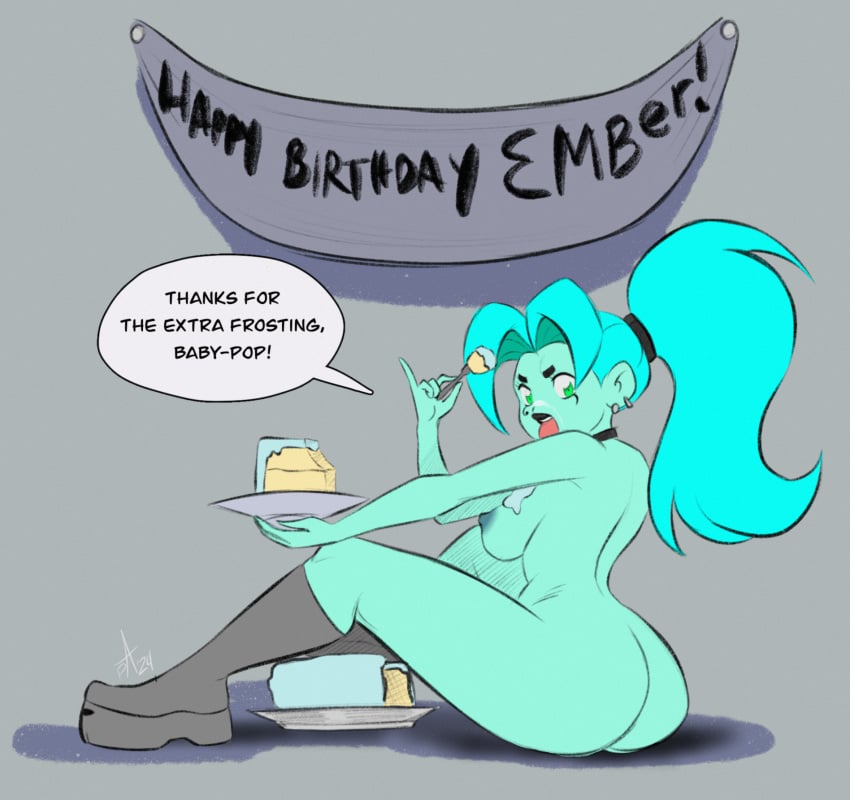 1girls 2024 ass banner boots breasts cake cake_slice choker commission commissioner_upload cum_on_face danny_phantom earring ember_mclain frosting frosting_on_breasts ghost ghost_girl green_eyes looking_at_viewer looking_back nickelodeon nude ponytail pranky solo_female speech_bubble tongue tongue_out