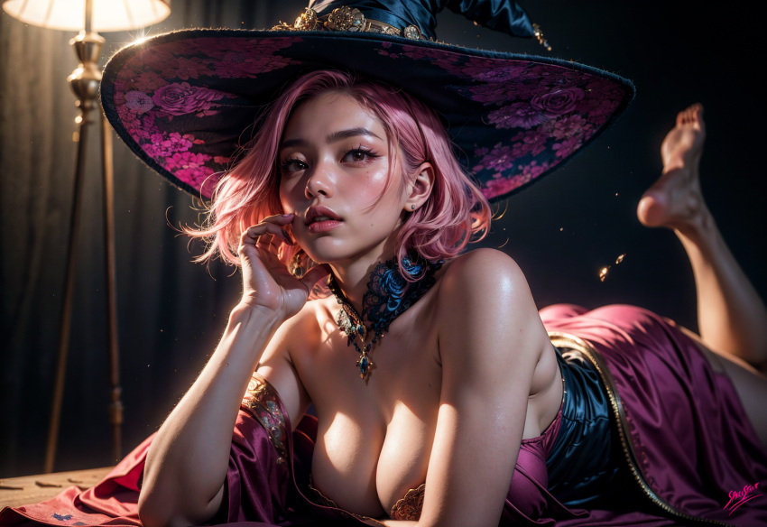 ai_generated beauty_mark big_breasts brown_eyes choker cleavage clothed non-nude pink_hair shiny_skin silk spark_star temptation witch witch_hat