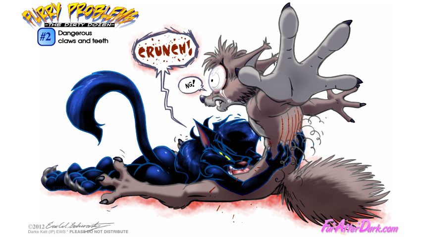 2012 anthro ass bite biting_lip blood cat claw_marks claws darke_katt eric_schwartz feline female furafterdark half-closed_eyes hi_res male mammal pain penis penis_biting raised_tail scar scratching simple_background speech_bubble straight surprised tail tears teeth toe_claws