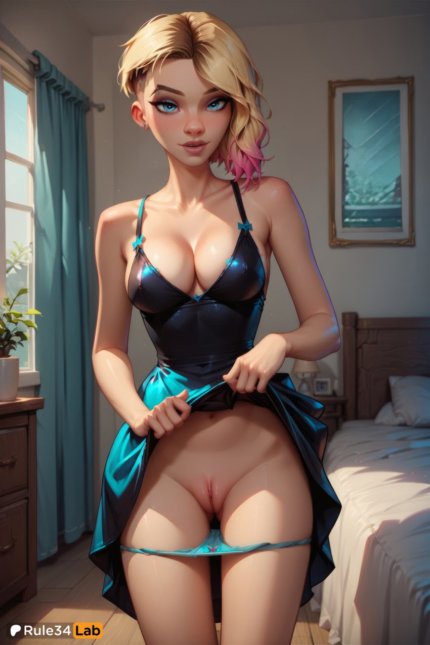 ai_generated aqua_panties artist_name ass_visible_through_thighs asymmetrical_hair bare_shoulders bed bedroom black_dress blonde_hair blue_eyes blue_panties bow_panties breasts cleavage clothes_lift collarbone curtains dress dress_lift ear_piercing earrings eyebrow_piercing female gwen_stacy gwen_stacy_(spider-verse) hi_res indoors jewelry lifted_by_self lips looking_at_viewer marvel marvel_comics medium_breasts multicolored_hair navel nose panties panty_pull patreon_username piercing pink_hair pink_hair_tips pussy rule34lab short_hair sleeveless_dress smile solo spider-gwen spider-man_(series) spider-woman spider_girl standing uncensored undercut underwear web_address window wooden_floor younger_female