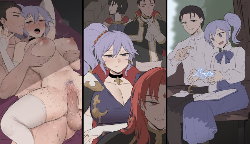 absurdres book breast_grab breasts cheating choker commission commissioner_upload earrings ebinku electricity fire_emblem fire_emblem:_genealogy_of_the_holy_war fire_emblem:_thracia_776 gloves grabbing grabbing_another's_breast grabbing_from_behind groping hair_ornament highres ishtar_(fire_emblem) jewelry julius_(fire_emblem) large_breasts leggings magic netorare ntr olwen_(fire_emblem) pubic_hair purple_eyes purple_hair pussy reinhardt_(fire_emblem) reverse_cowgirl_position ribbon sex sex_from_behind uncensored vaginal_penetration