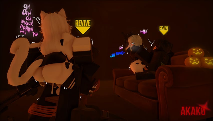 2boys 2girls 3d akako artist_name blue_eyes blue_hair bondage cum cum_in_pussy cum_inside gun halloween halloween_theme pumpkin rape red_eyes roblox roblox_avatar roblox_studio robloxian rope tagme white_hair