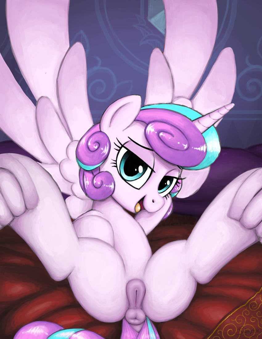 2016 absurd_res alicorn anatomically_correct anatomically_correct_pussy animal_genitalia animal_pussy anus dock equine equine_pussy female feral flurry_heart friendship_is_magic hair happy hi_res hooves horn legs_up looking_at_viewer lying mammal multicolored_hair my_little_pony on_back open_mouth presenting pussy selenophile solo spread_legs spreading two_tone_hair underhoof wings young