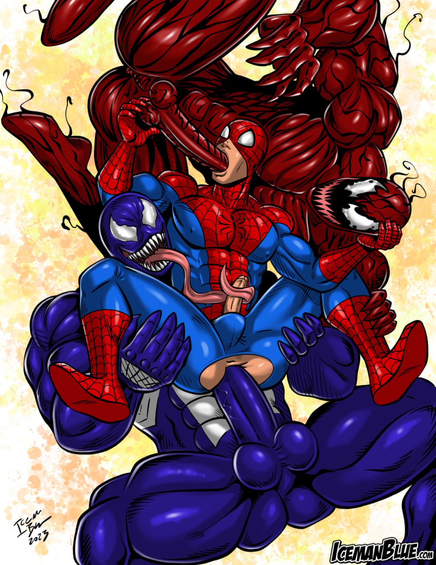 3boys anal anal_penetration anal_sex anus ass big_dom_small_sub blowjob carnage_(marvel) fellatio gay grabbing_balls grabbing_legs icemanblue marvel marvel_comics masked_male muscular muscular_males peter_parker ripped_clothing spider-man spider-man_(series) sucking_penis threesome tongue_out tonguing venom_(marvel)