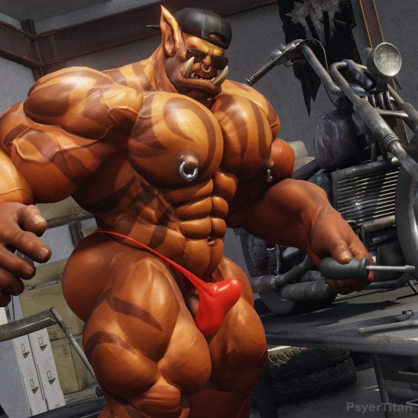 abs balls biceps blizzard_entertainment dark-skinned_male dark_skin fangs garrosh_hellscream genitals hi_res humanoid humanoid_pointy_ears male muscular muscular_humanoid muscular_male nipple_piercing nipples orc orc_male pecs piercing psyertitan solo solo_male teeth vein veiny_muscles warcraft