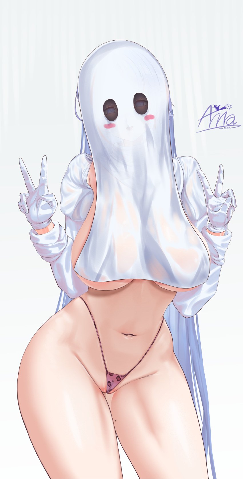 absurdres alsace_(azur_lane) alternate_costume animal_print annasui_factory azur_lane blue_eyes blue_hair breastless_clothes breasts contrapposto female ghost_costume highleg highleg_panties highres huge_breasts inner_thighs inverted_nipples leopard_print long_hair looking_at_viewer mole mole_on_thigh panties partially_visible_vulva print_panties see-through_clothes signature simple_background solo thighs underwear