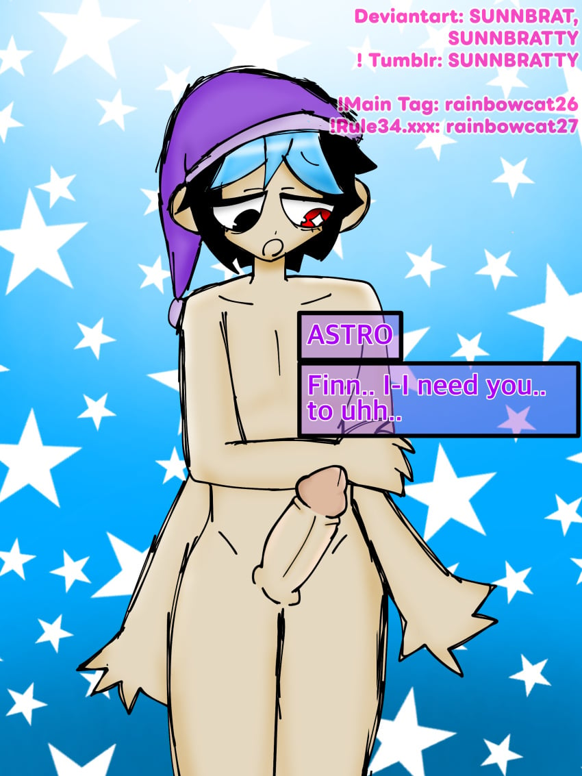 4_arms artist_name astro_(dandy's_world) black_hair black_pupil cyan_bangs dandy's_world dick eyes_rolling_back human human_version humanoid nap_hat needy penis rainbowcat26 red_pupil shy text text_bubble