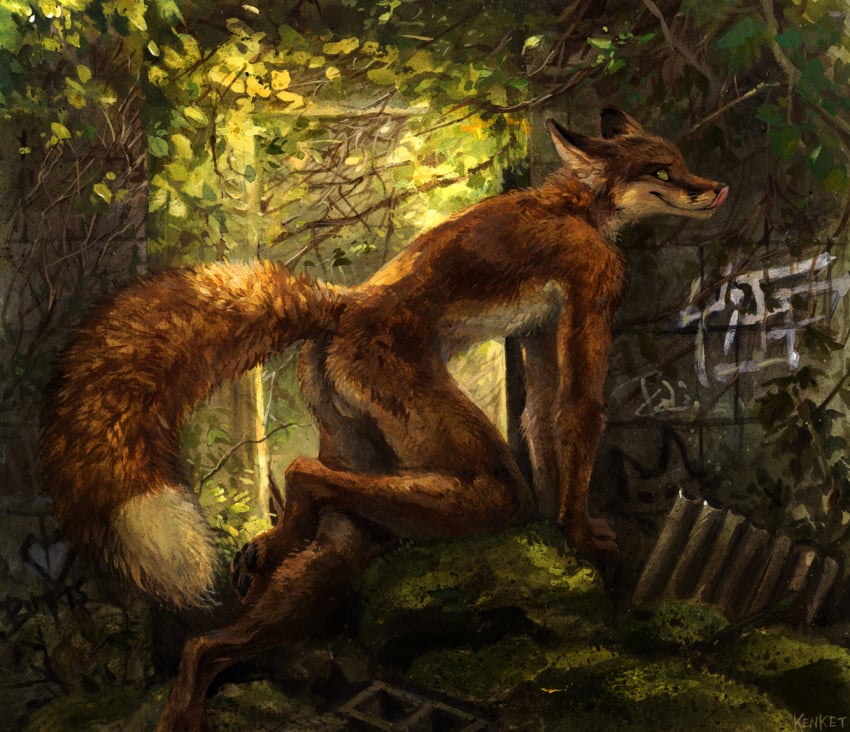 1boy 2016 all_fours anthro ass backsack balls black_eyes brown_body brown_fur canine digital_painting_(artwork) fox fur graffiti green_sclera heart kenket licking licking_lips looking_back male male_only mammal moss nude orange_body orange_fur pawpads pointy_ears presenting presenting_hindquarters raised_tail red_fox ruins side_view smile solo suggestive tongue tongue_out vines white_fur