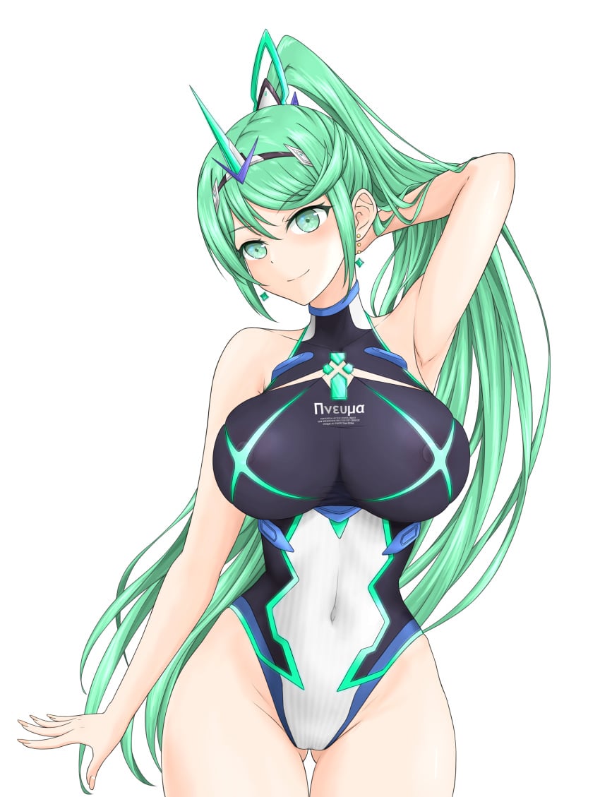 1girls absurd_res bare_legs big_breasts chest_jewel competition_swimsuit covered_erect_nipples covered_navel feichu_keju gem greek_text green_eyes green_hair high_res impossible_clothes impossible_swimsuit long_hair nintendo one-piece_bikini pneuma_(xenoblade) ponytail simple_background swept_bangs swimsuit tiara very_long_hair white_background xenoblade_(series) xenoblade_chronicles_2