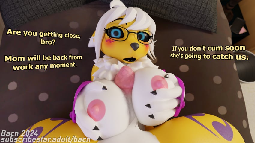 2024 3d_(artwork) absurd_res anthro areola bacn bandai_namco bed bedroom bedroom_sex big_breasts blush bodily_fluids breast_play breast_squish breasts brother_(lore) brother_and_sister_(lore) canid canine claws detailed_background dialogue digimon digimon_(species) digital_media_(artwork) duo english_text erection eyewear female first_person_view fox furniture genitals glasses hair hand_on_breast hi_res huge_breasts incest_(lore) looking_at_viewer lying male male/female male_pov mammal nipples nude on_bed open_mouth penile penis renamon renamon_(bacn) saliva saliva_string sex sibling_(lore) sister_(lore) squish text titjob white_body yellow_body