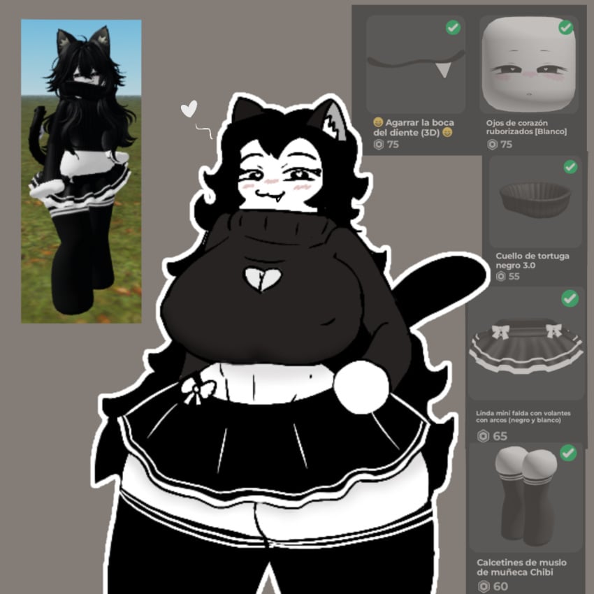 1girls big_breasts black_hair breasts catgirl cleavage_cutout clothed clothing dibuinsano_(artist) female female_only heart_cutout katdy_(dibuinsano) long_hair midriff reference_image roblox roblox_avatar robloxian simple_background skirt tagme thick_thighs thighhighs thighs white_skin