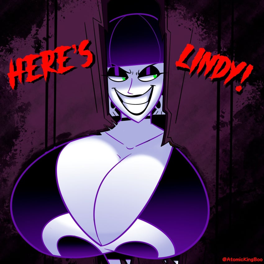 1girls 2024 atomickingboo big_breasts big_breasts black_and_purple_clothing black_and_purple_hair black_topwear breasts clothed clothing dialogue earrings english_dialogue english_text evil evil_eyes evil_face evil_grin evil_smile female female_only fully_clothed goth goth_girl hole_in_wall huge_boobs huge_breasts lindel_dollice_quilten original original_character pale-skinned_female pale_skin reference skull_earrings skull_print solo text the_shining wood wooden_wall