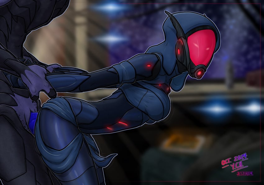 alien_girl ass blue_penis commission commissioner_upload glowing_eyes helmet holding_arms holding_arms_back hood jesterdk mass_effect original_character penetration penis quarian side_view skintight_bodysuit text turian