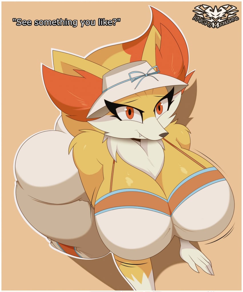 ? anthro ass big_breasts breasts cleavage clothed clothing creatures_(company) dialogue ear english_text eyebrows eyelashes eyes fangs fox game_freak generation_6_pokemon hair hat knightmoonlight98 nintendo pok&eacute;mon_(species) pokemon pokemon_(species) pokemon_xy starter_pokemon starter_trio tail teeth text