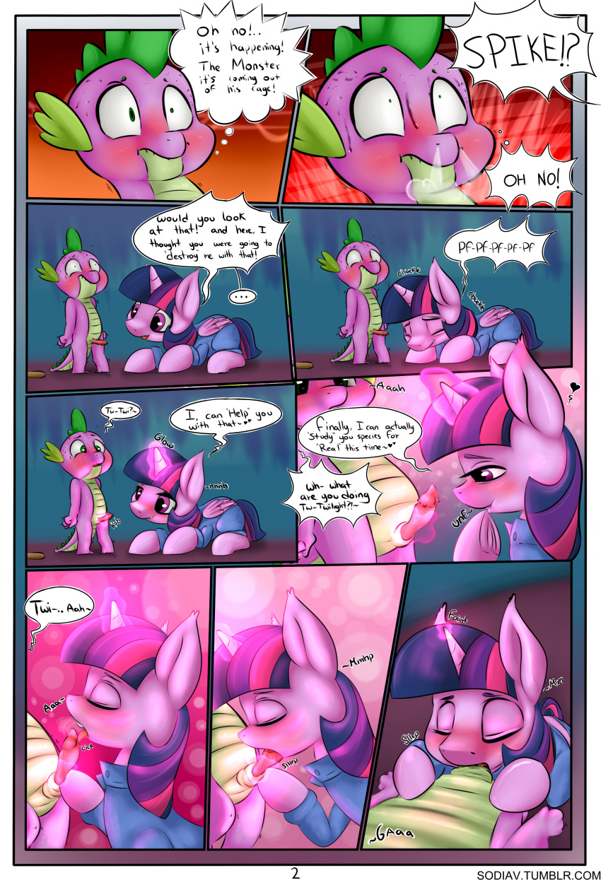 2016 absurd_res alicorn anthro breath clip_clop closed_eyes clothed clothing comic dialogue dragon duo english_text equine feathered_wings feathers female feral friendship_is_magic glowing hair heart hi_res highres hooves horn horse interspecies licking lizard looking_at_penis magic male male_on_female mammal multicolored_hair my_little_pony open_mouth oral penis penis_lick pony scalie sex sodiav spike_(mlp) standing straight sweat text tongue tongue_out twilight_sparkle_(mlp) wings