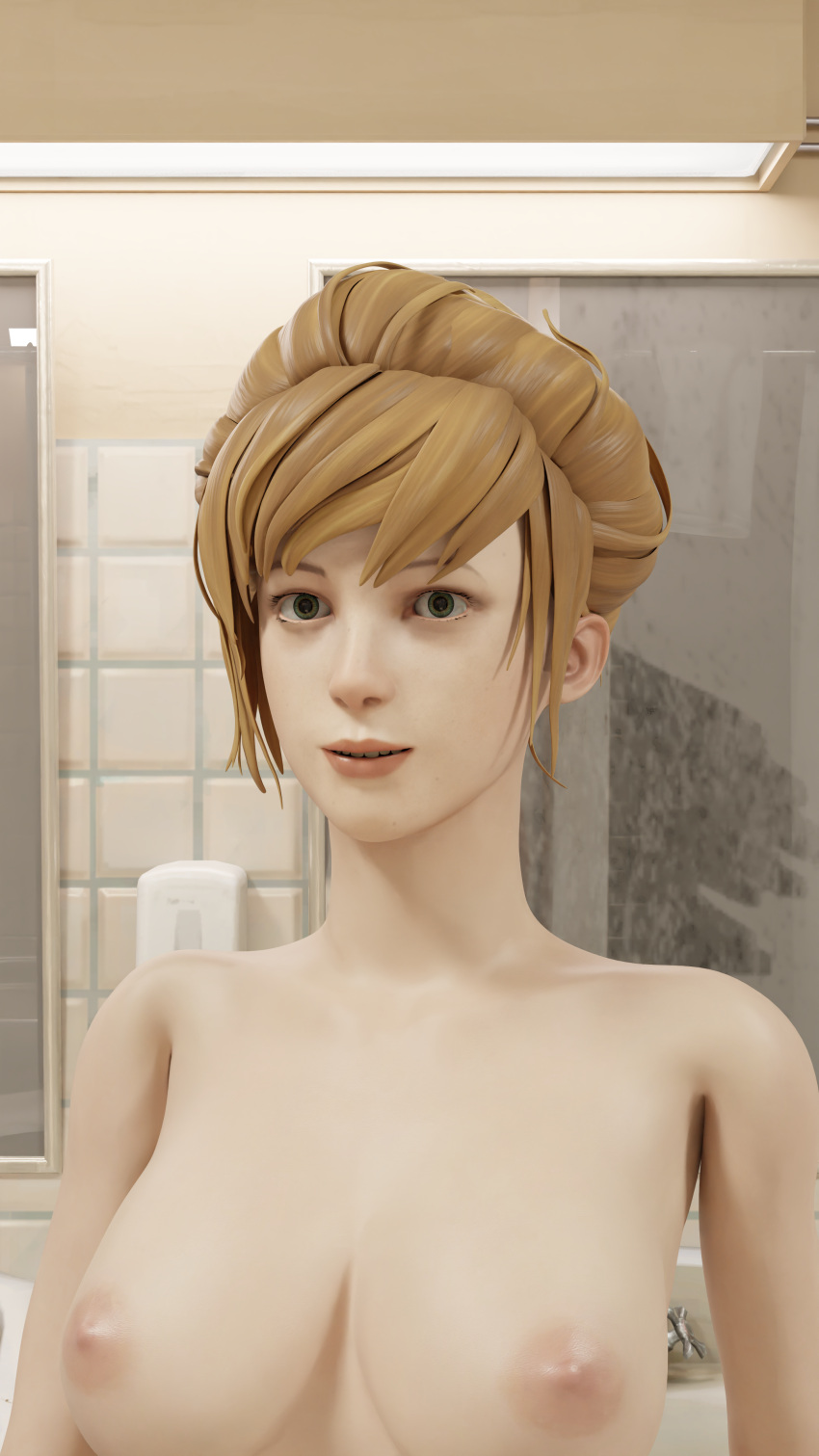 3d areolae bathroom blender_(software) blonde_hair breasts e_kult extremely_large_filesize female female_only green_eyes high_resolution kate_marsh large_breasts large_filesize life_is_strange lips looking_at_viewer nipples nude solo tagme tied_hair upper_body very_high_resolution