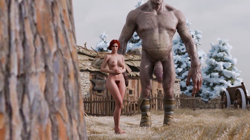 3d belethor's_smut big_penis breasts clothing completely_nude female giant light-skinned_female monster nipples nude outdoors penis pubic_hair pussy red_hair the_witcher_(series) the_witcher_3:_wild_hunt triss_merigold