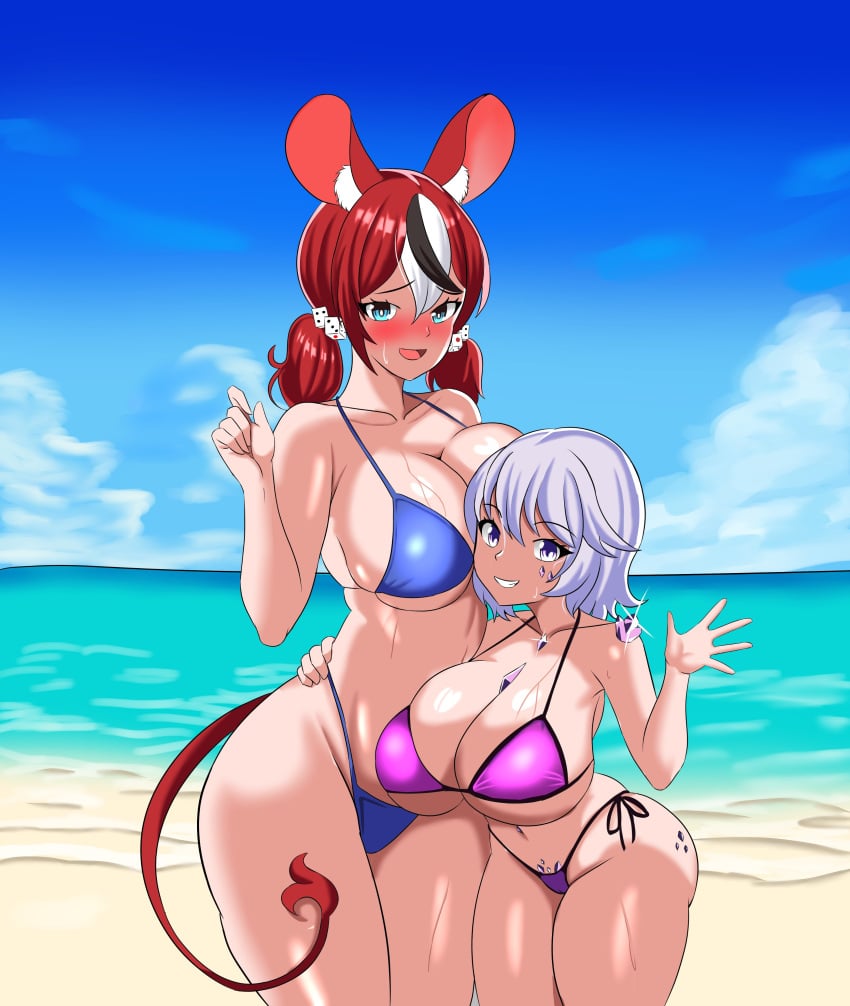 2girls animal_ears big_boobs bikini black_hair blue_eyes blue_sky blush breasts cleavage embarrassed grey_hair hololive hololive_english hololive_english_-advent- hololive_english_-promise- holomilfs huge_breasts light-skinned_female light_skin looking_at_viewer mama_rat miki_miki momseki nose_blush outdoors purple_eyes rat_ears rat_girl rat_tail red_hair sand shortstack shy sky swimsuit tail three_tone_hair virtual_youtuber water waving waving_at_viewer white_hair