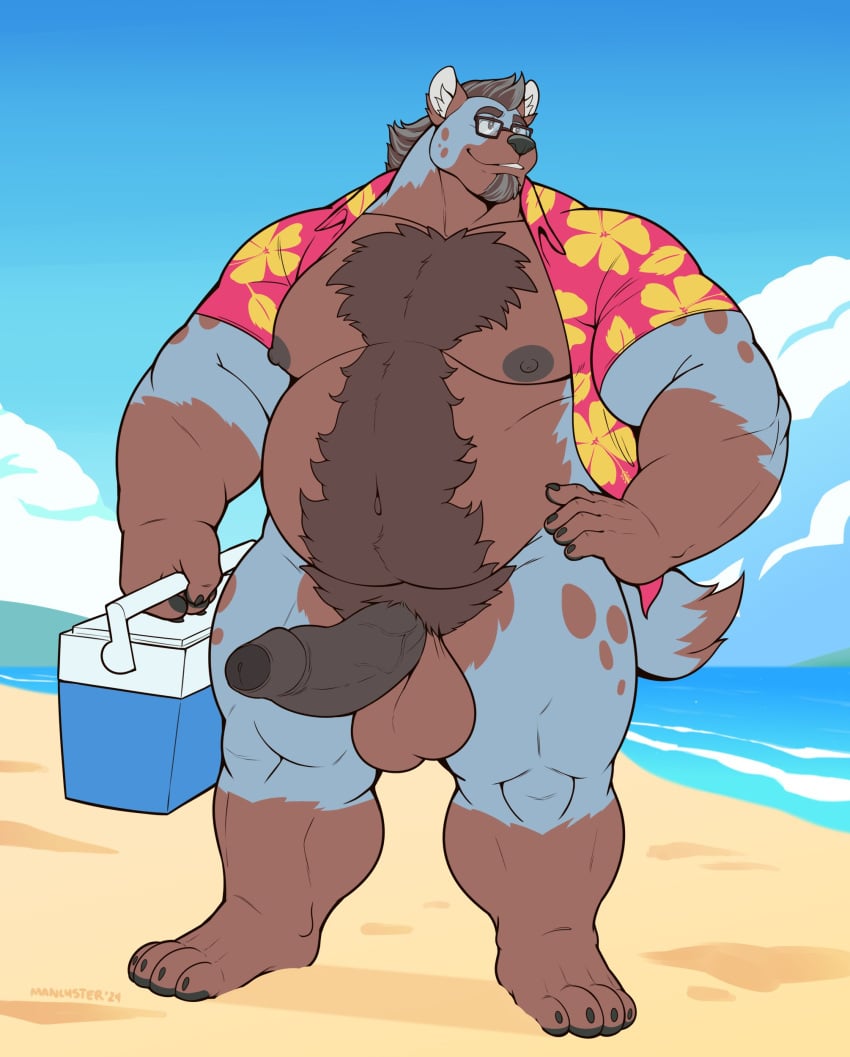 2024 4_toes 5_fingers absurd_res aloha_shirt anthro areola balls beach beard belly belly_hair biceps big_balls big_muscles big_penis biped black_glans black_nose body_hair boreas_(cooner) bottomless bottomless_anthro bottomless_male brown_body brown_fur chest_hair claws clothed clothing cloud cooler day digital_media_(artwork) dipstick_tail erection eyewear facial_hair feet finger_claws fingers foreskin front_view fur genitals glans glasses gloves_(marking) grey_body grey_fur greying_hair hair happy_trail hi_res holding_cooler holding_object humanoid_genitalia humanoid_hands humanoid_penis hyena leg_markings looking_aside looking_away male male_anthro mammal manlyster markings mature_anthro mature_male multicolored_body multicolored_fur musclegut muscular muscular_anthro muscular_male navel nipples open_clothing open_shirt open_topwear outside pattern_clothing pattern_shirt pattern_topwear pecs penis plantigrade pubes public public_exposure sand sea seaside shirt shirt_only signature sky smile socks_(marking) solo spots spotted_body spotted_fur spotted_hyena standing tail tail_markings toe_claws toes topwear topwear_only two_tone_body two_tone_fur vein veiny_penis water wearing_glasses