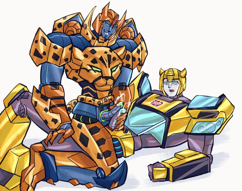 absurd_res anthro blush bumblebee_(transformers) cheetah cheetor cybertronian duo ejaculation felid feline frottage genitals hand_on_penis happy hasbro hi_res humanoid jigyerr2 machine male male/male mammal orgasm penile penis robot sex simultaneous_orgasms sitting smile takara_tomy transformers