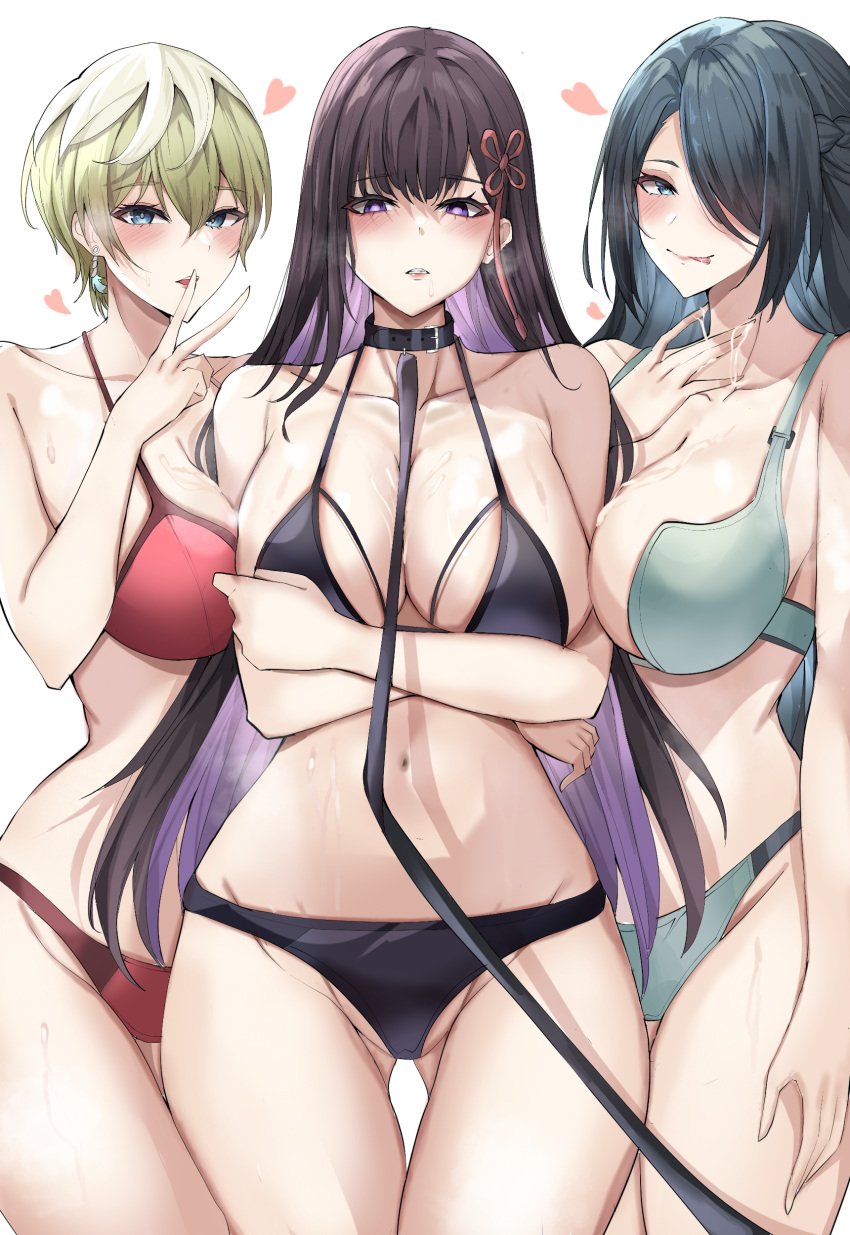 3girls azuma_fubuki blue_eyes blue_hair cleavage collar cum cum_in_mouth cum_on_breasts dog_collar earring green_hair hair_over_one_eye hair_ribbon izumo_tenka kuro_artis_(kuru-kuru) large_breasts leash long_hair mato_seihei_no_slave milf purple_eyes purple_hair short_hair single_earring tongue yamashiro_ren