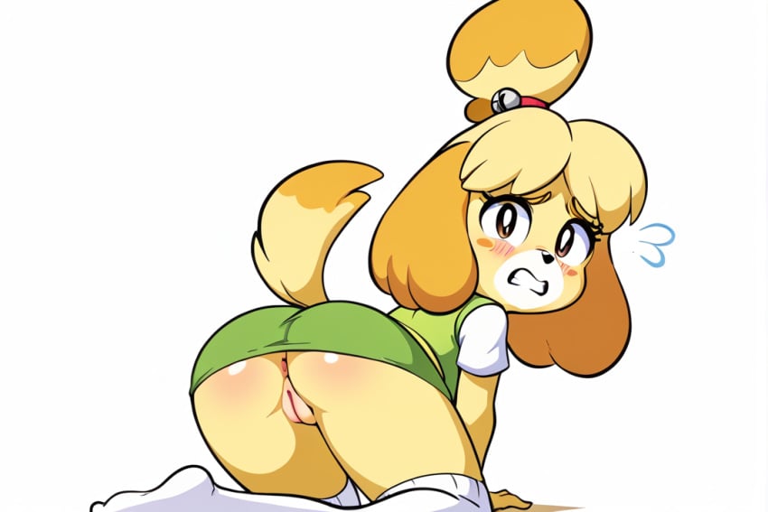 1girls ai_generated all_fours animal_crossing ass doubutsu_no_mori furry furry_female isabelle_(animal_crossing) looking_back nintendo shizue_(doubutsu_no_mori) yellow_fur