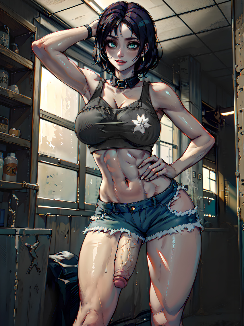 1futa abs ai_generated athletic athletic_futanari black_hair cock crop_top denim_shorts detached_collar dickgirl earrings futa_only futanari green_eyes hand_on_hip looking_at_viewer makeup medium_breasts parted_lips penis penis_through_leghole punk_girl shiny_skin short_shorts shorts solo solo_futa stable_diffusion thick_thighs veiny_penis veritai wide_hips