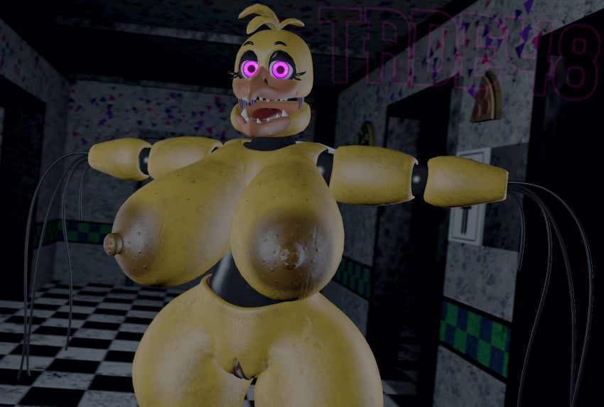 3d_(artwork) absurd_res animatronic anthro avian beak big_breasts big_nipples bird black_eyebrows breasts chicken digital_media_(artwork) eyebrows female five_nights_at_freddy's five_nights_at_freddy's_2 galliform gallus_(genus) genitals hi_res huge_breasts inside looking_at_viewer machine nipples non-mammal_nipples orange_beak phasianid pink_eyes pussy robot scottgames solo standing tade48 teeth withered_chica_(fnaf) yellow_body yellow_nipples yellow_pussy