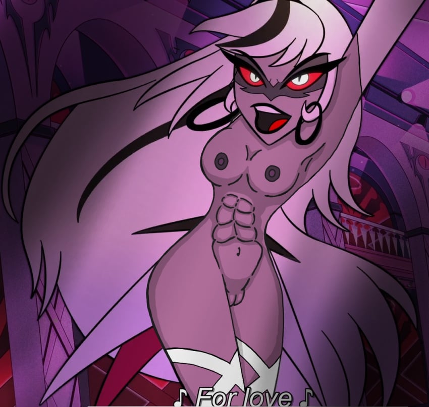 abs areolae arms_up breasts carmilla_carmine dancing grey_hair hazbin_hotel long_hair naked naked_female nipples no_bra no_panties pussy red_sclera small_breasts song tall_female vivienne_medrano vivziepop white_eyes white_hair